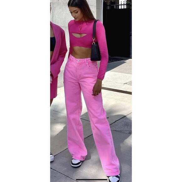 Zara The Boogie Hot Pink Super Wide Leg Full Length Jeans Size 4 - Picture 1 of 8